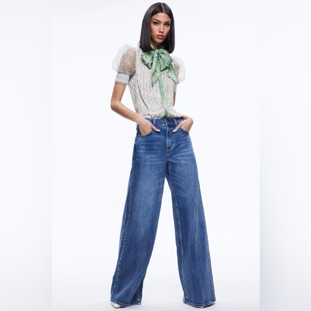 NWT $395 Alice + Olivia Brentley Tie Neck Puff Sleeve Blouse - Picture 3 of 8
